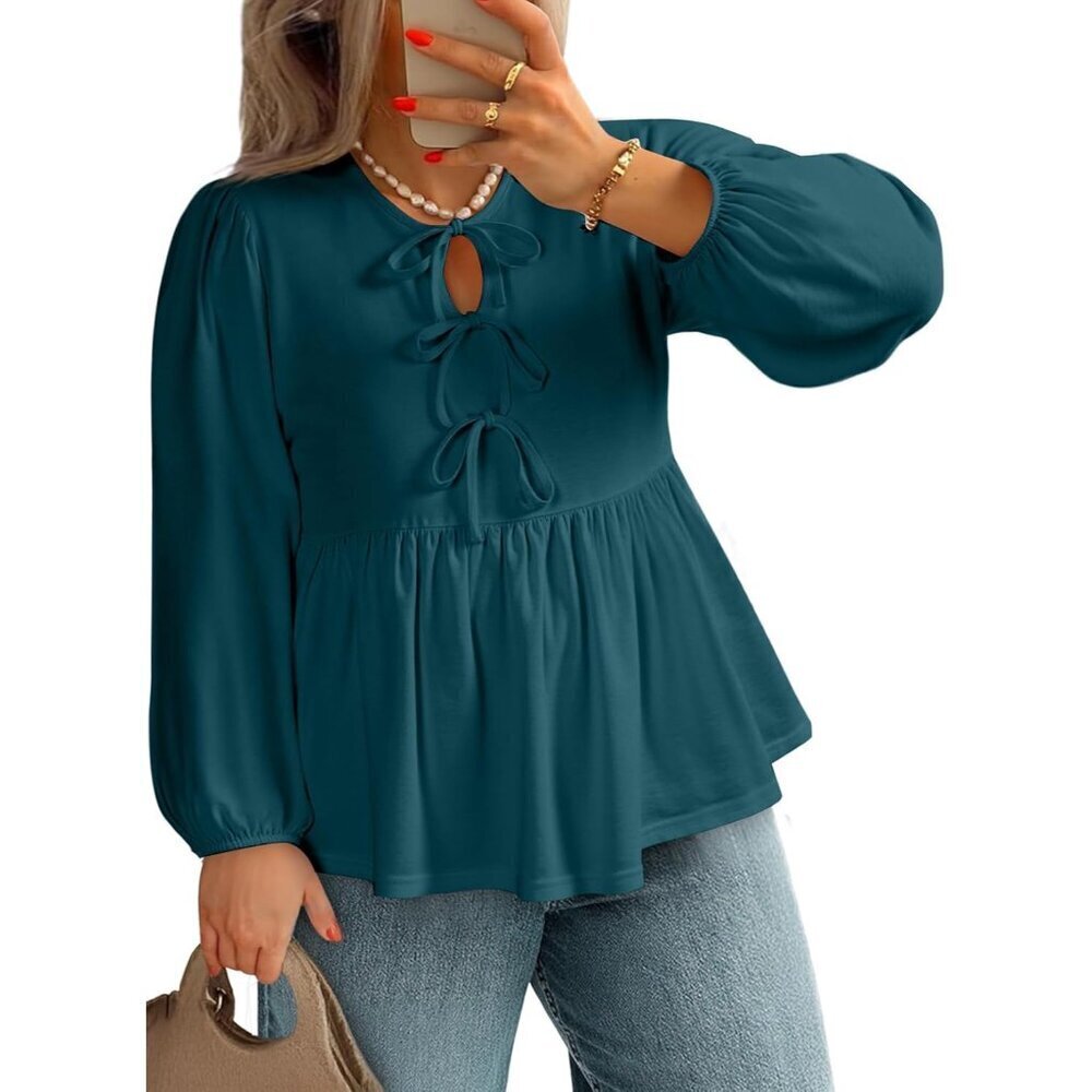 Plus Size Womens Tops Bow Tie Puff Sleeve Peplum Casual Tunic